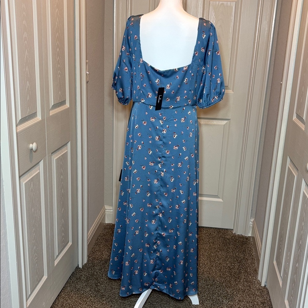 Lulus Gorgeous Days Blue Floral Satin Puff Sleeve Midi
Dress NWT Size XL - Picture 9 of 11